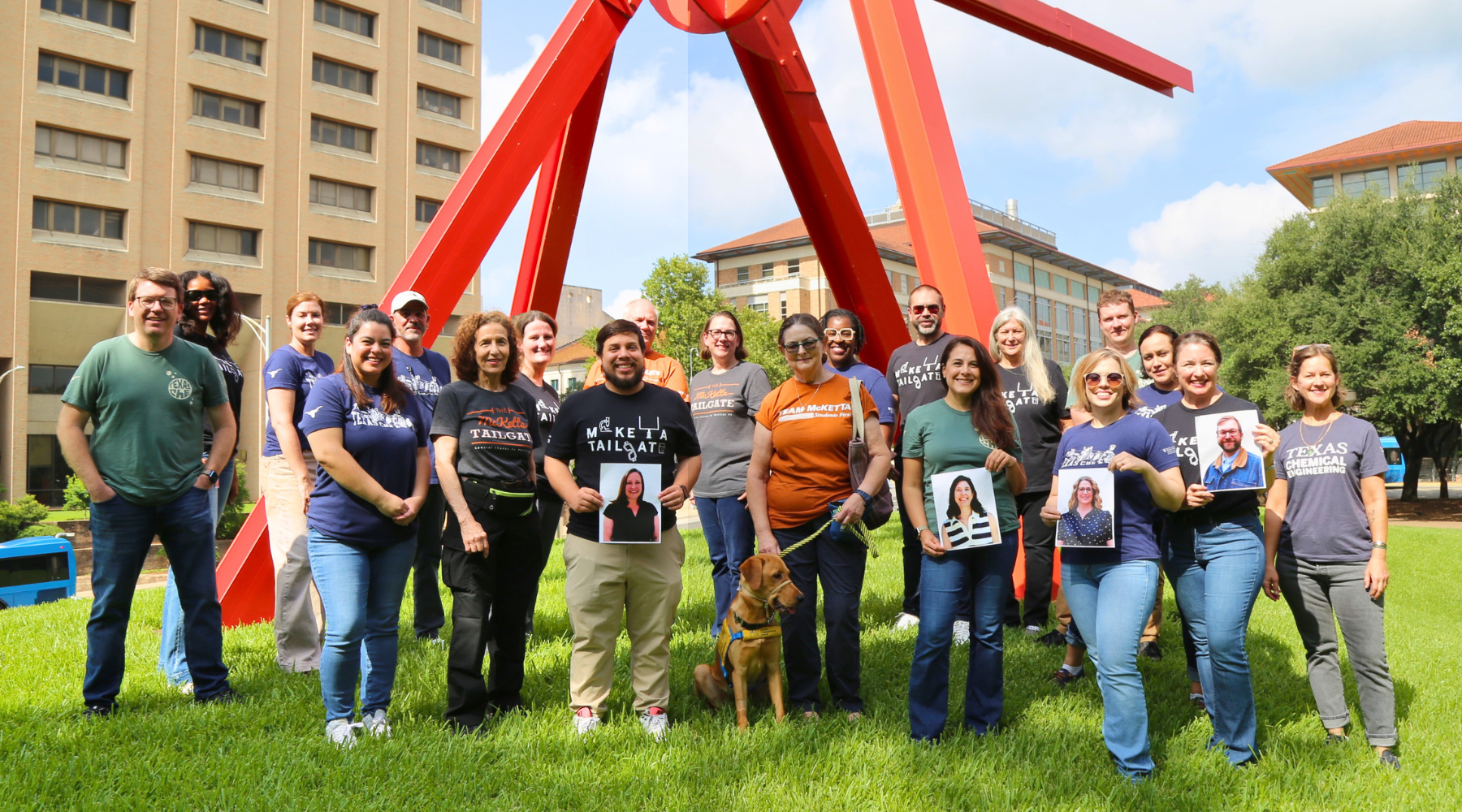 Texas ChE staff gather at the Clock Knot.